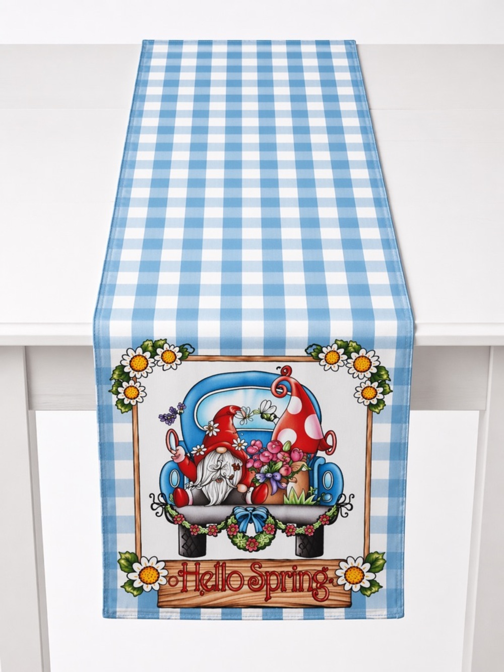 Seliem Spring Gnome Truck Table Runner 13x72 Buffalo Plaid Farmhouse Decor